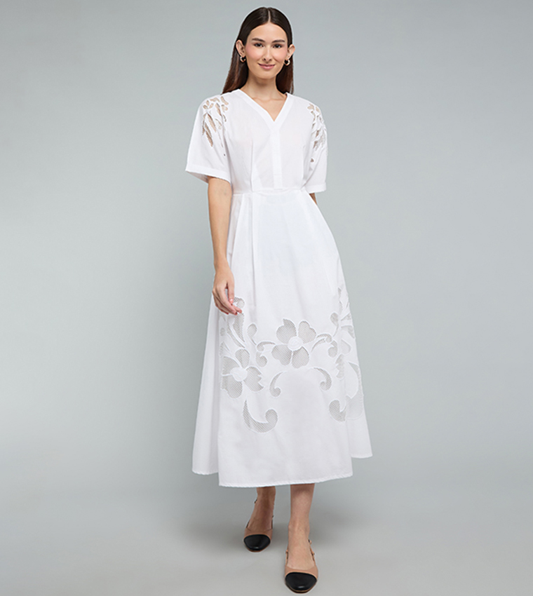 Openwork Midi Dress with V-Neck and Short Sleeves