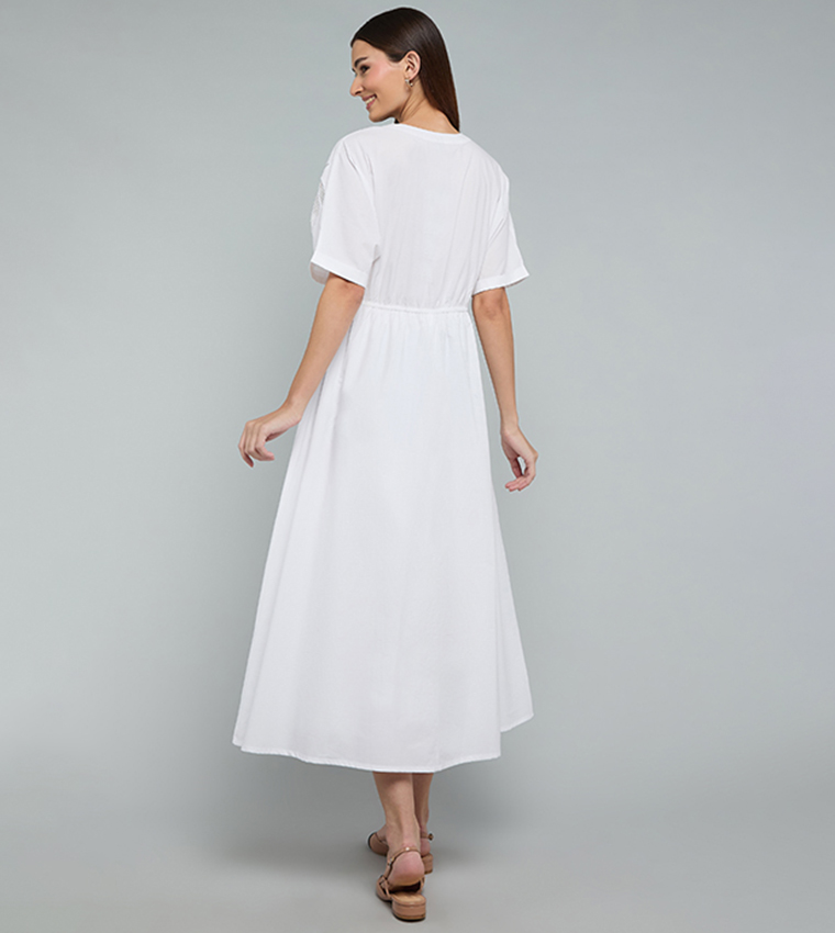 Openwork Midi Dress with V-Neck and Short Sleeves