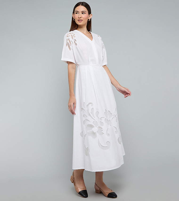 Openwork Midi Dress with V-Neck and Short Sleeves