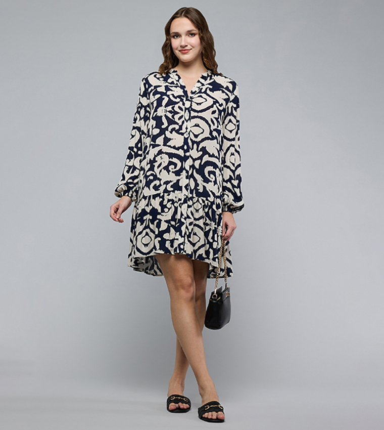 Patterned Mini Dress with V-Neck and Puff Sleeves