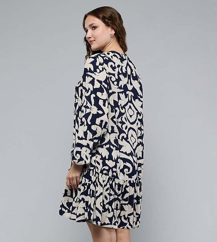 Patterned Mini Dress with V-Neck and Puff Sleeves