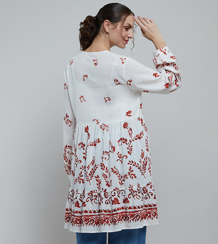 Printed Tunic with V-Neck and Long Sleeves