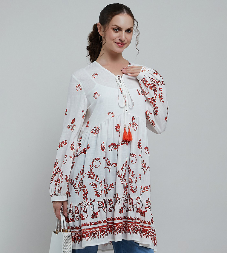 Printed Tunic with V-Neck and Long Sleeves