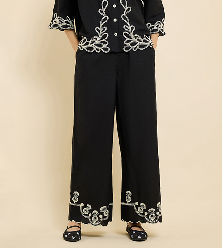 Embroidered Wide Leg Pants with Drawstring Waist