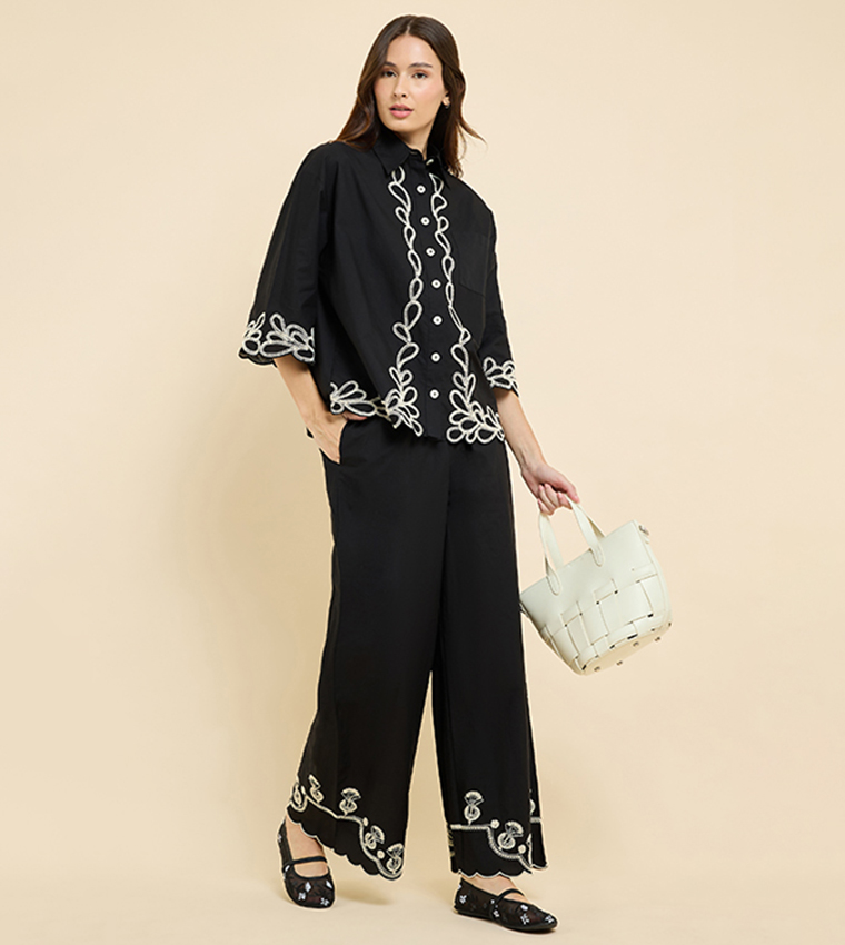 Embroidered Wide Leg Pants with Drawstring Waist