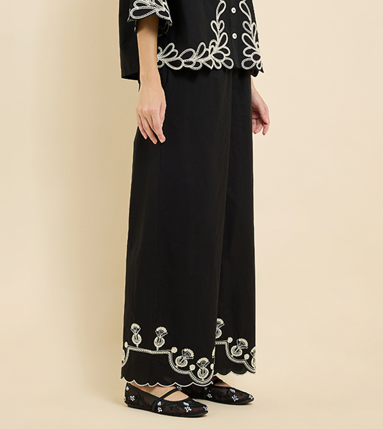 Embroidered Wide Leg Pants with Drawstring Waist