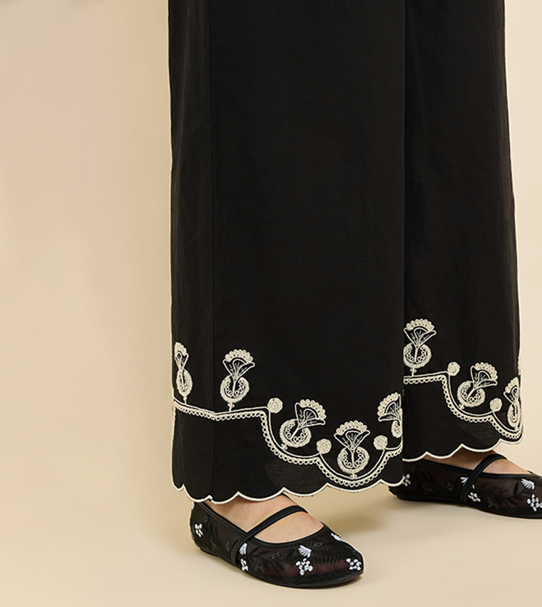 Embroidered Wide Leg Pants with Drawstring Waist