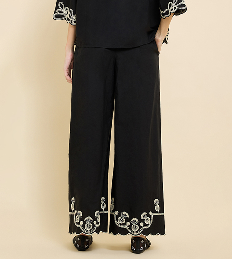 Embroidered Wide Leg Pants with Drawstring Waist