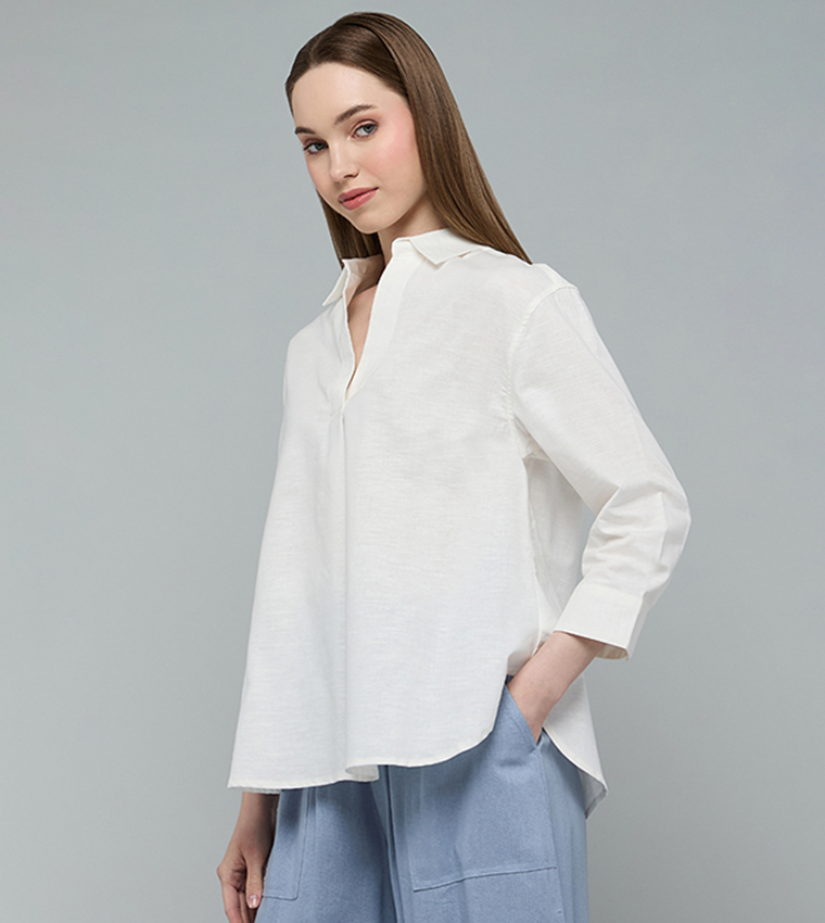 Solid Shirt with Classic Collar and 3/4 Sleeves