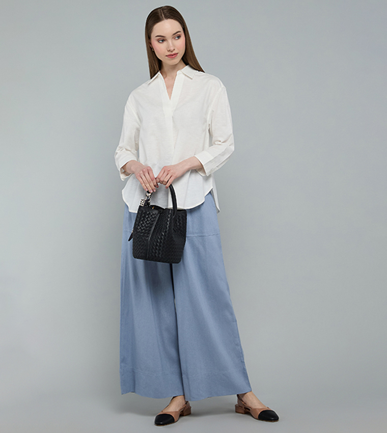 Solid Shirt with Classic Collar and 3/4 Sleeves