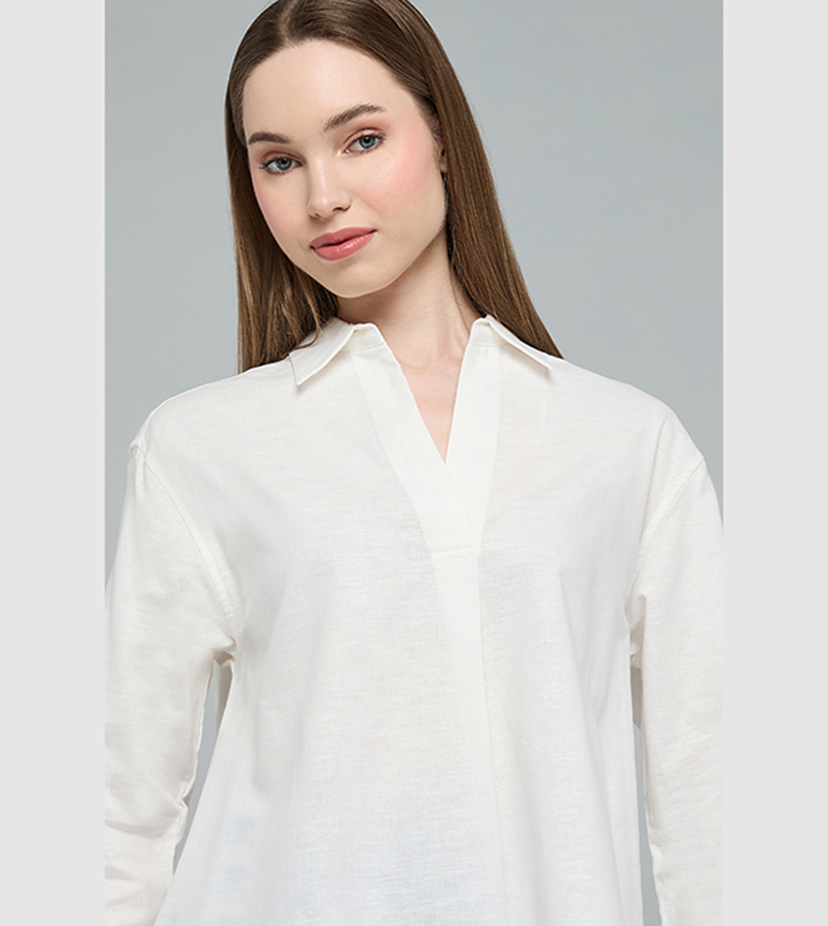 Solid Shirt with Classic Collar and 3/4 Sleeves