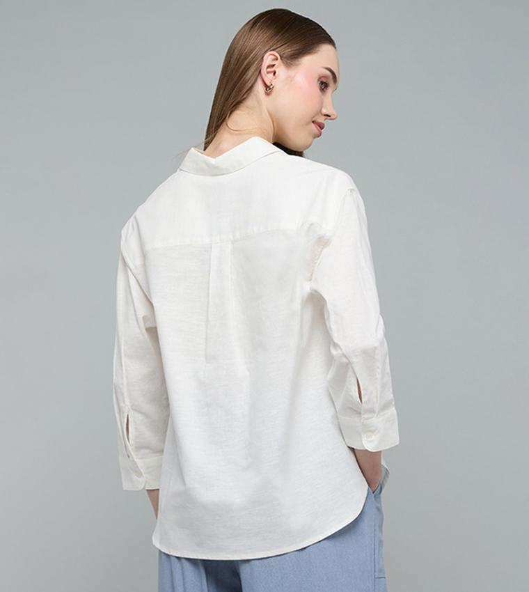 Solid Shirt with Classic Collar and 3/4 Sleeves