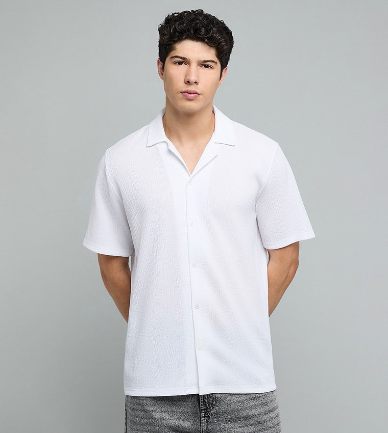 Textured Shirt with Revere Collar and Short Sleeves