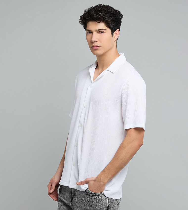 Textured Shirt with Revere Collar and Short Sleeves