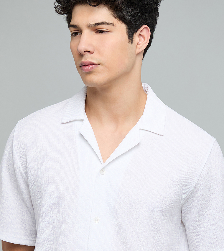 Textured Shirt with Revere Collar and Short Sleeves