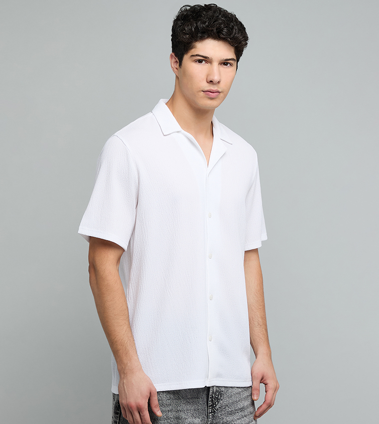 Textured Shirt with Revere Collar and Short Sleeves