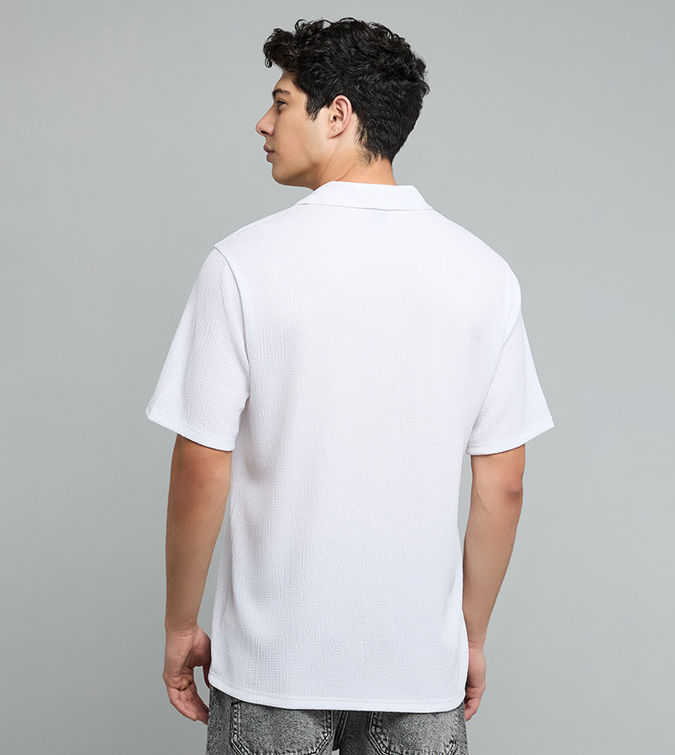 Textured Shirt with Revere Collar and Short Sleeves
