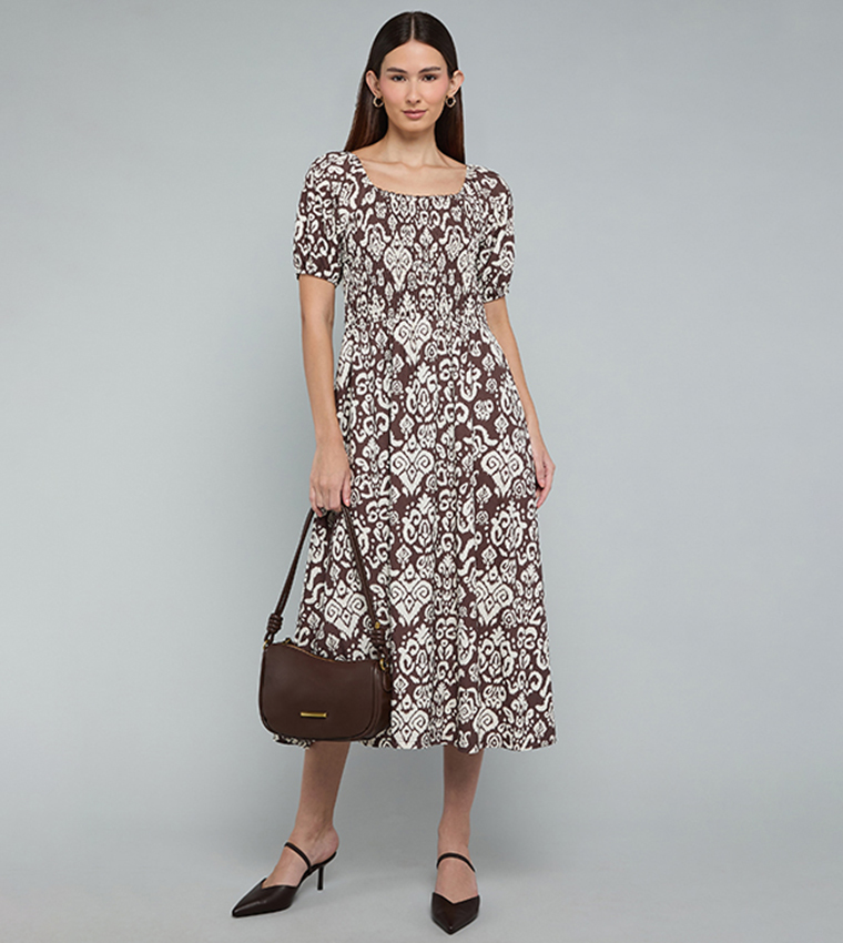 Patterned Midi Dress with Square Neck and Puff Sleeves
