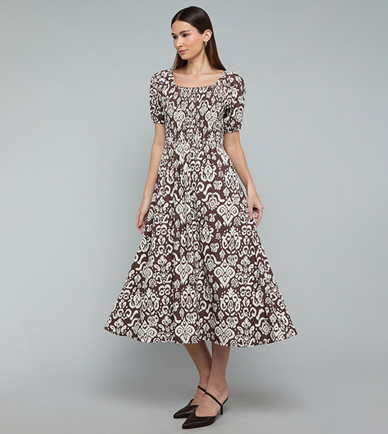 Patterned Midi Dress with Square Neck and Puff Sleeves