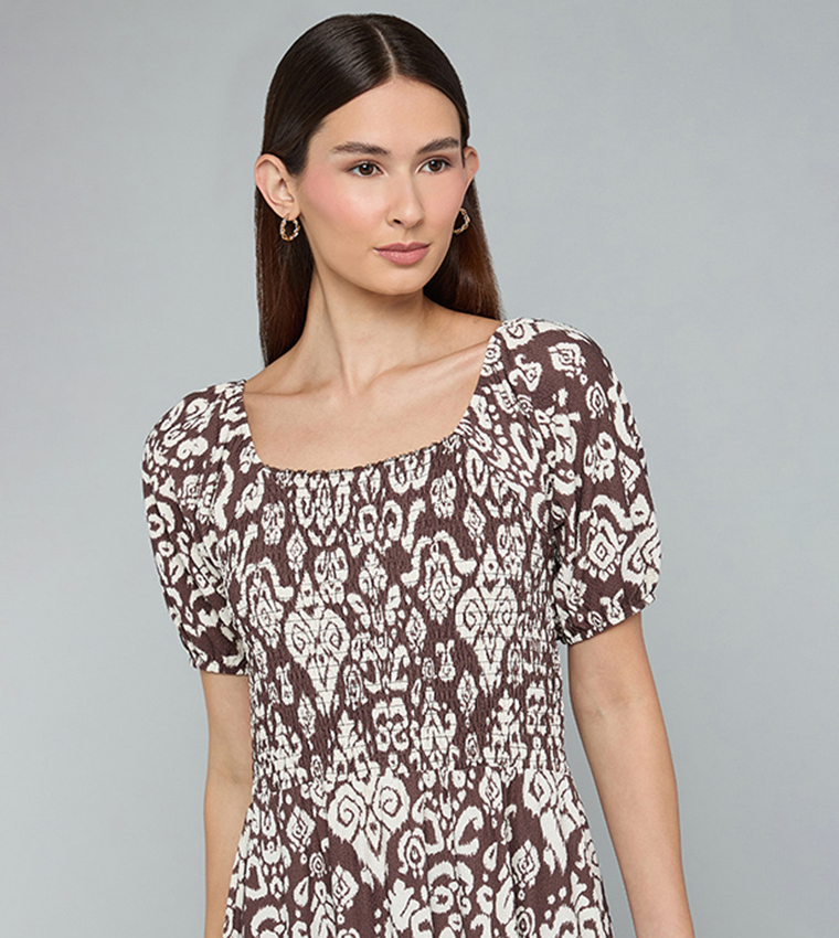 Patterned Midi Dress with Square Neck and Puff Sleeves