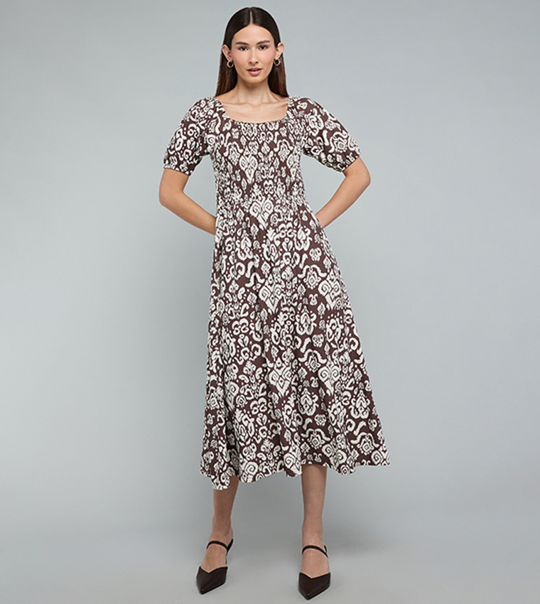 Patterned Midi Dress with Square Neck and Puff Sleeves