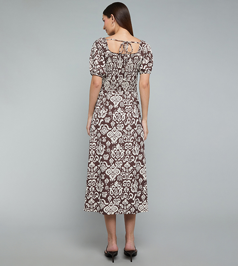 Patterned Midi Dress with Square Neck and Puff Sleeves