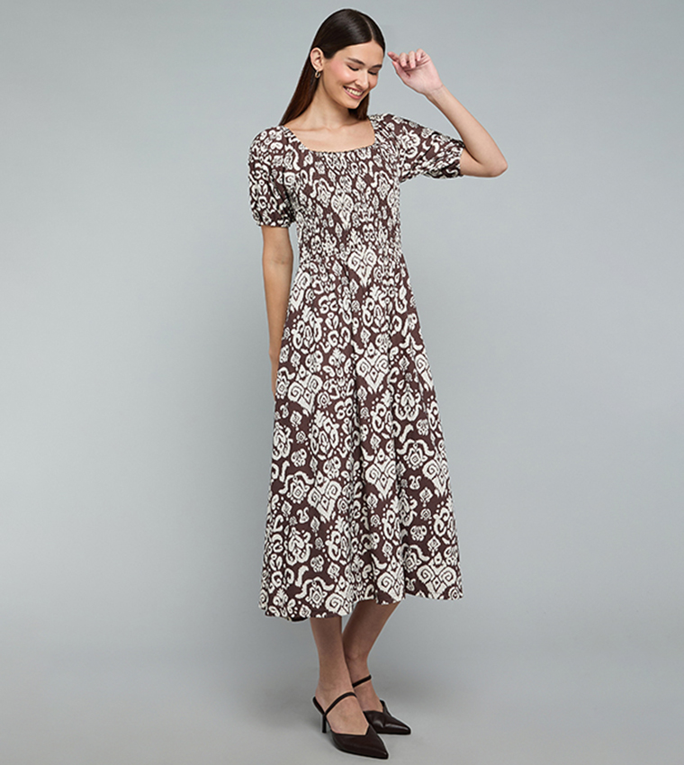 Patterned Midi Dress with Square Neck and Puff Sleeves