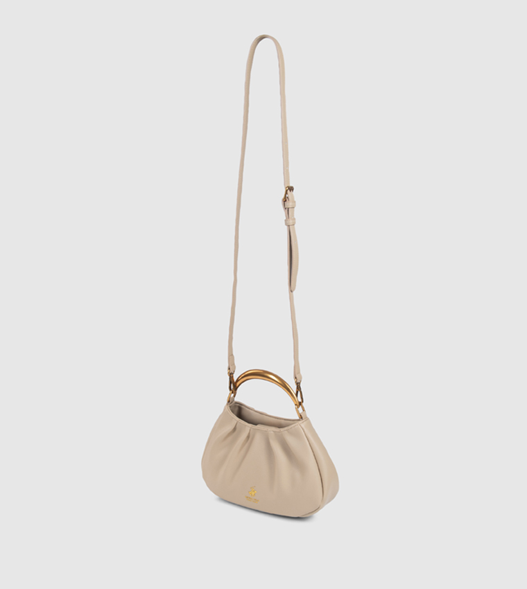 Solid Ruched Gold-Tone Handle Handheld Bag