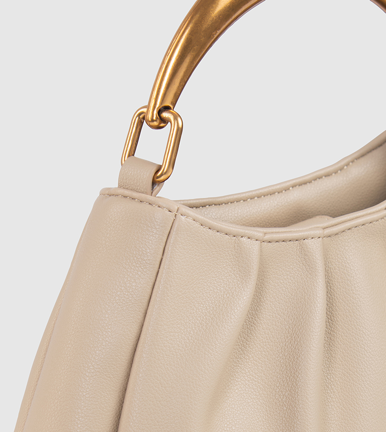 Solid Ruched Gold-Tone Handle Handheld Bag