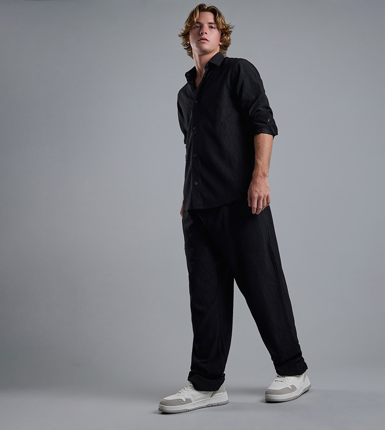 Textured Loose Fit Pants with Drawstring Waist