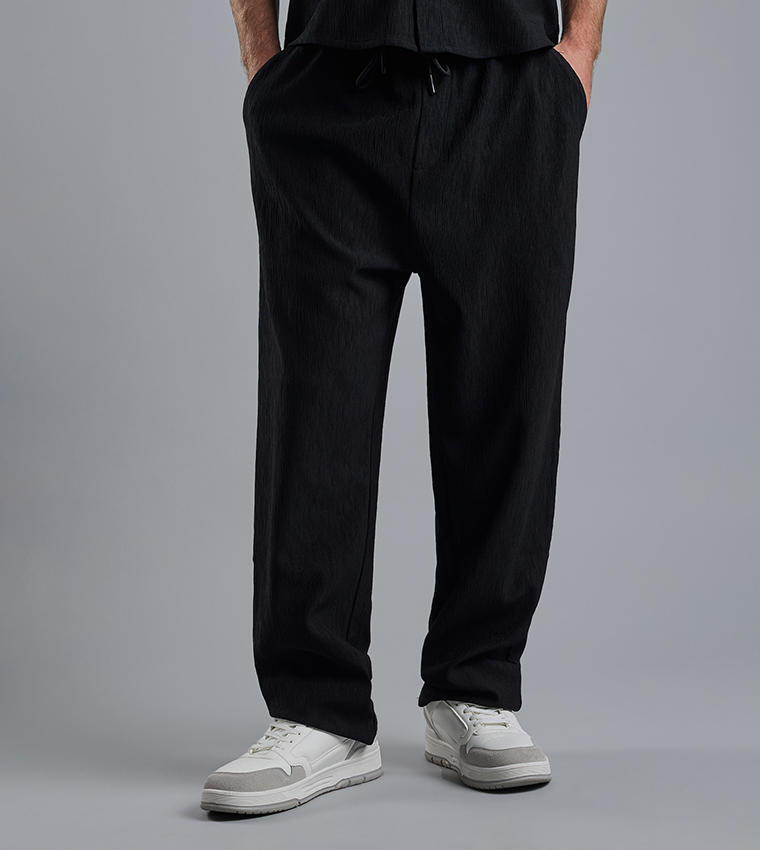 Textured Loose Fit Pants with Drawstring Waist