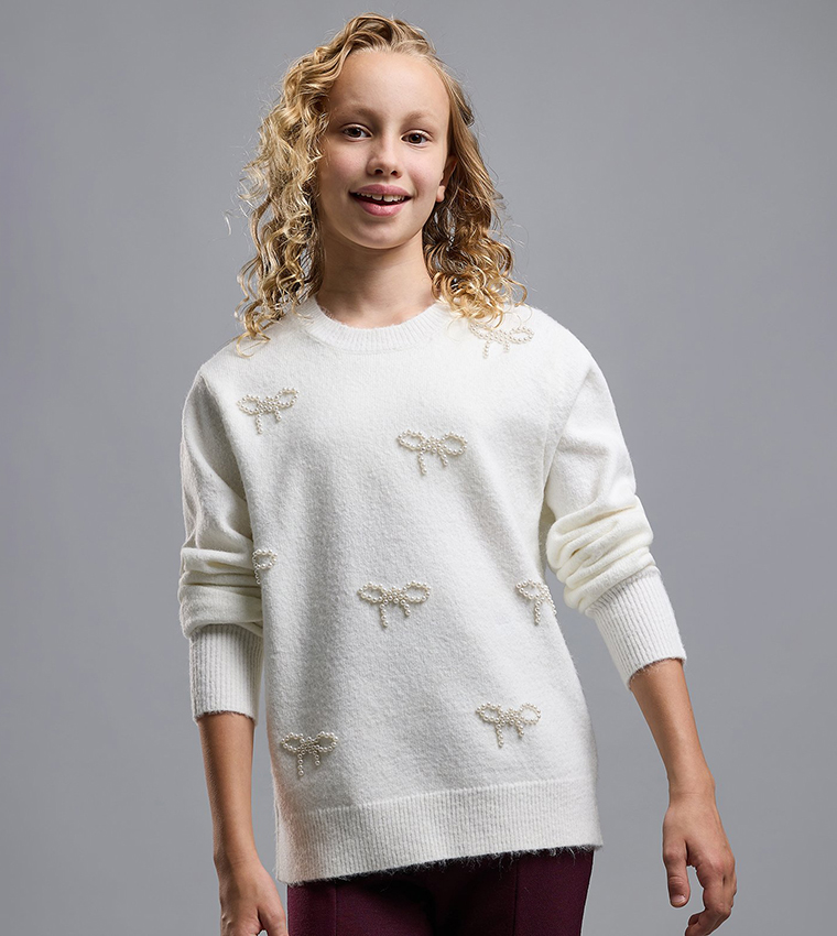 Embellished Sweater with Crew Neck and Long Sleeves