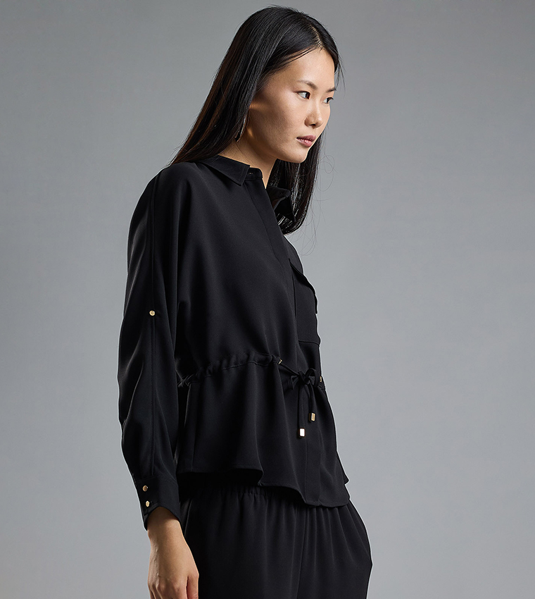 Solid Drawstring Shirt with Classic Collar and Long Sleeves