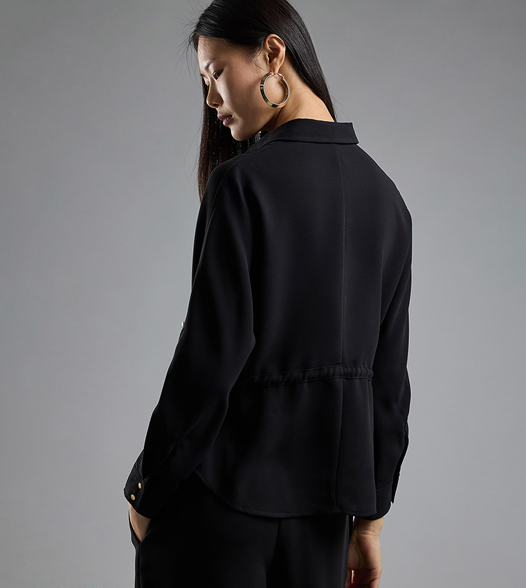 Solid Drawstring Shirt with Classic Collar and Long Sleeves