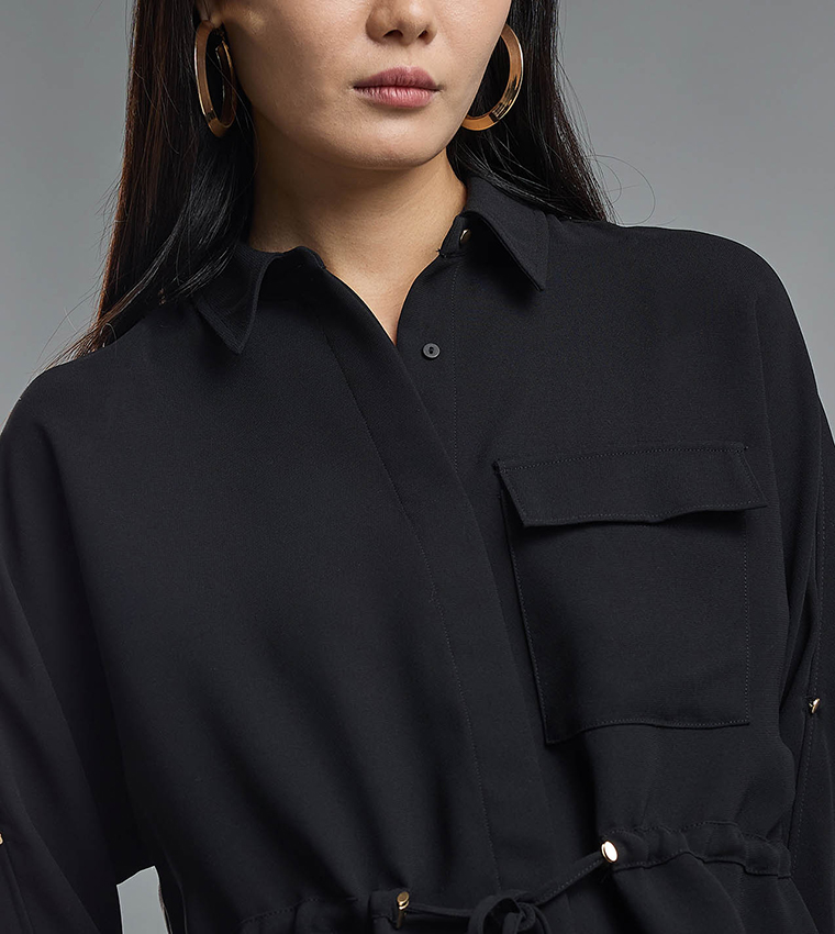 Solid Drawstring Shirt with Classic Collar and Long Sleeves