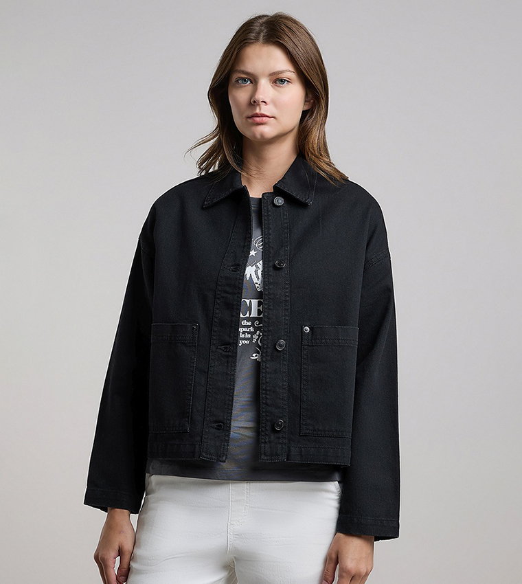 Solid Denim Jacket with Button Closure