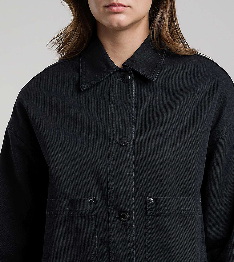 Solid Denim Jacket with Button Closure