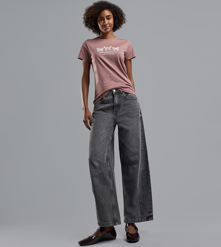 Washed Baggy Jeans with Button Closure