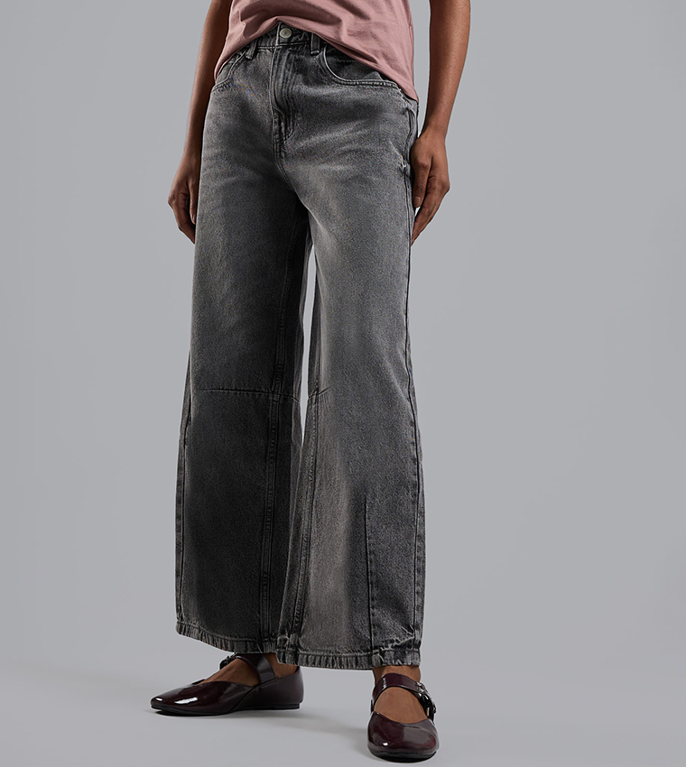 Washed Baggy Jeans with Button Closure