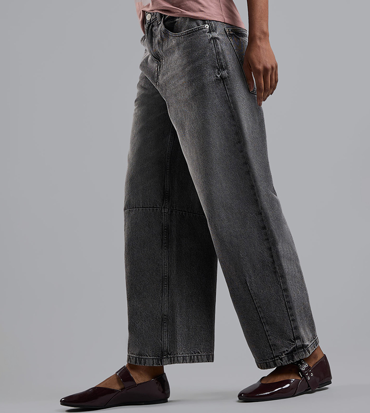 Washed Baggy Jeans with Button Closure