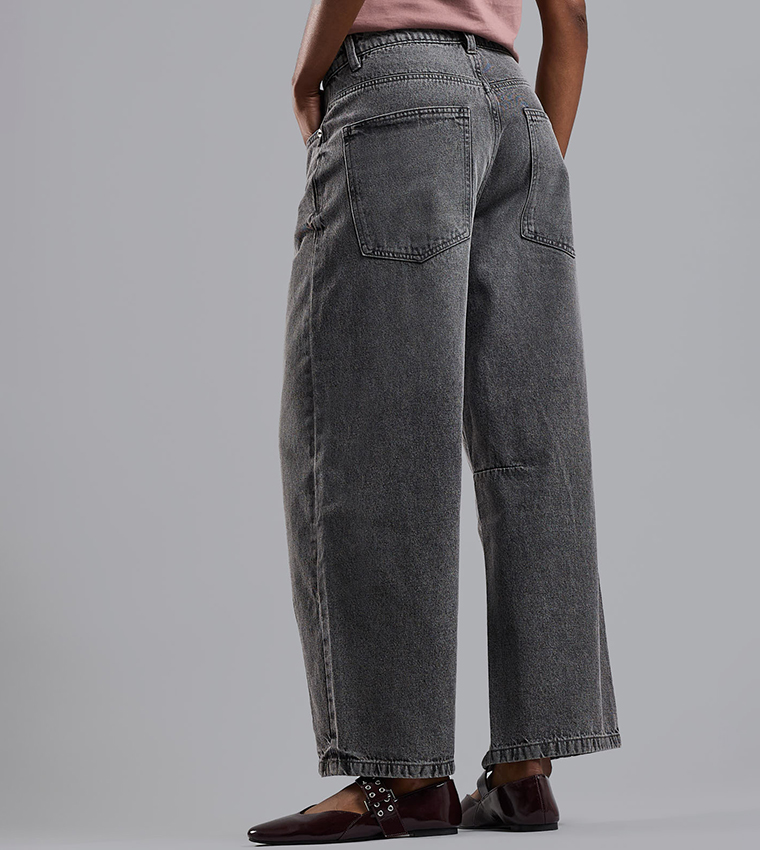 Washed Baggy Jeans with Button Closure
