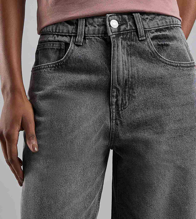 Washed Baggy Jeans with Button Closure