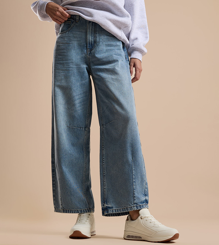 Faded Baggy Jeans with Button Closure