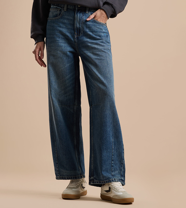 Faded Baggy Jeans with Button Closure