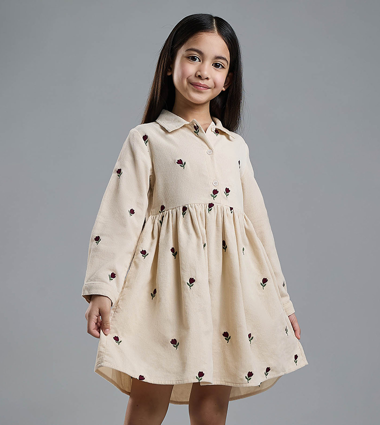 Embroidered Shirt Dress with Long Sleeves