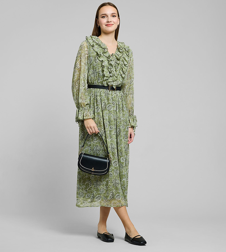 Printed Midi Dress with V-Neck and Puff Sleeves