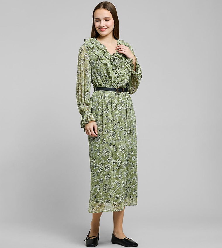 Printed Midi Dress with V-Neck and Puff Sleeves