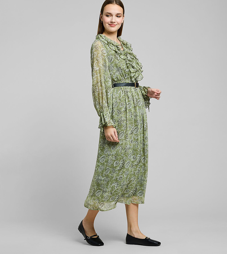 Printed Midi Dress with V-Neck and Puff Sleeves