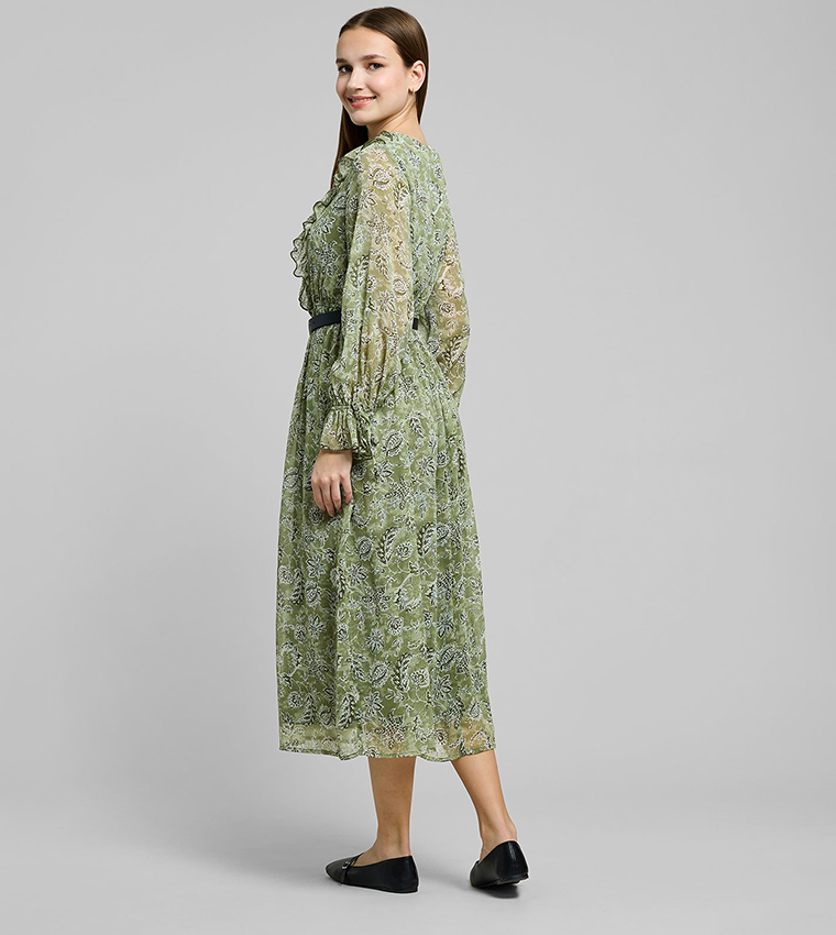 Printed Midi Dress with V-Neck and Puff Sleeves