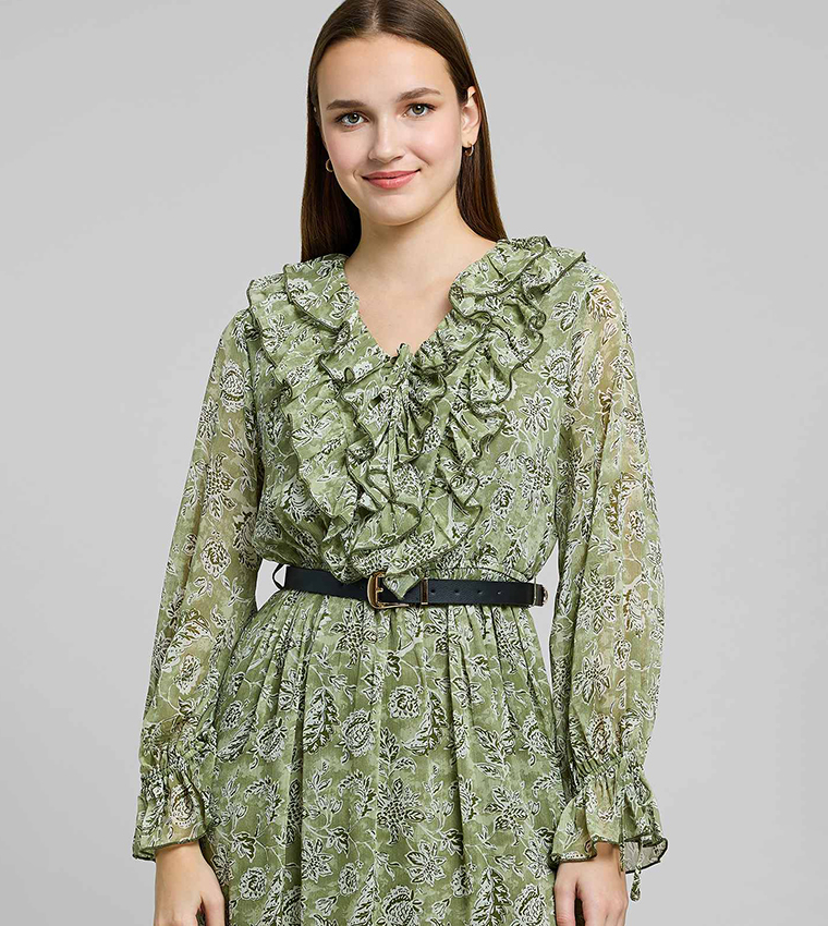 Printed Midi Dress with V-Neck and Puff Sleeves